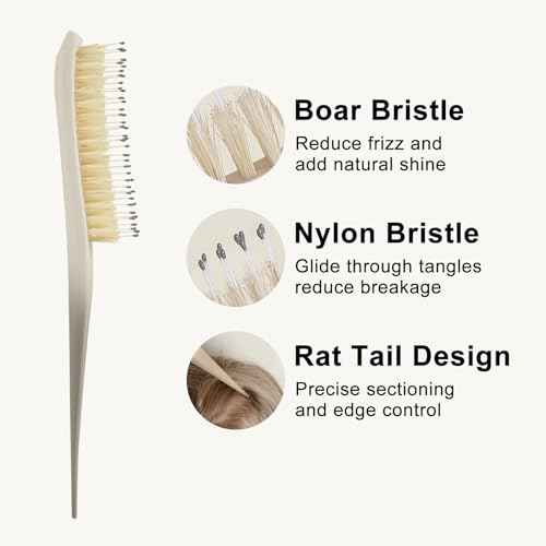 RHOS Boar and Nylon Bristle Hair Brush, Teasing Slick Back Brush with Rat Tail Pick for Hair Styling, Sectioning (1 Pack-Beige Gradient)
