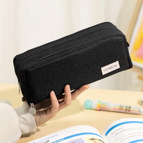 CICIMELON Large Capacity Pencil Case 3 Compartment Pouch Pen Bag for School Teen Girl Boy Men Women (Black)