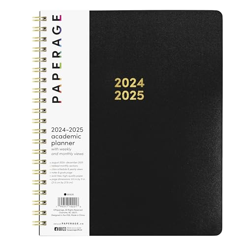 PAPERAGE 17 Month Academic Planner 2024-2025, Weekly & Monthly Spreads, August 2024 - December 2025, Large (9 in x 11 in), Black