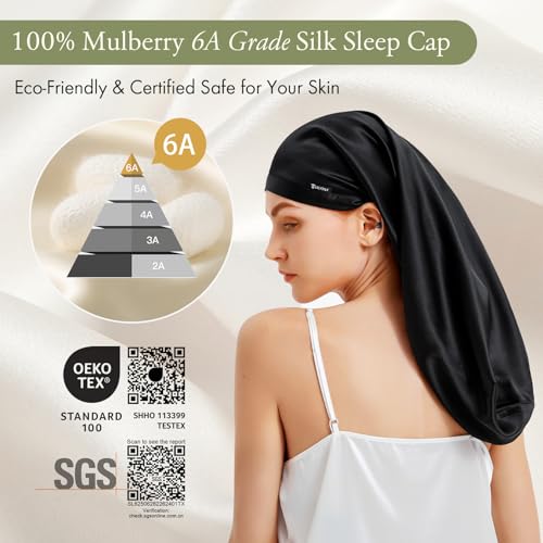 LilySilk Mulberry Silk Sleep Cap 100% 19 Momme Long Silk Bonnet for Curly Hair, Night Cap for Sleeping, Silk Hair Wrap for Women Black