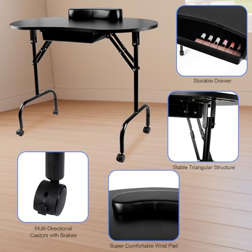 37" Portable Manicure Table with Lockable Wheels & Storage