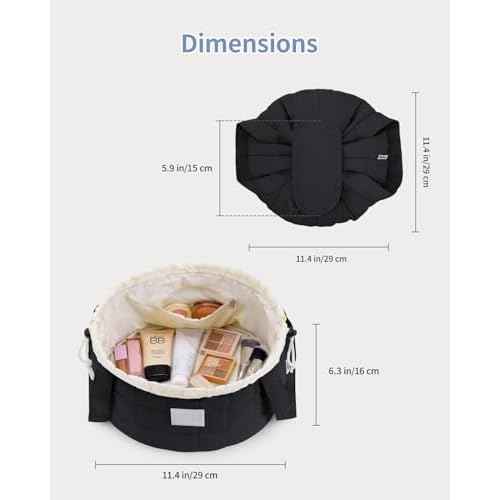Narwey Christmas Gifts Barrel Drawstring Makeup Bag, Large Quilted Puffer Cosmetic Bag, Puffy Make Up Bags, Travel Toiletry Bags for Women Toiletries Organizer, Teen Girl Gifts (Black) (Patent)