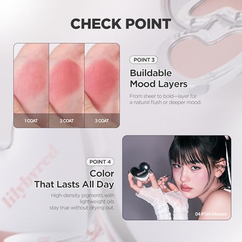 lilybyred Luv Beam Cheek Mousse | Heart-Shaped Korean Cream Blush, Airy Soft-Matte Texture, Soft-Focus & Pore-Blurring Finish, Seamless Buildable, Natural Flush, 0.13 oz. (04 Taro Mousse)