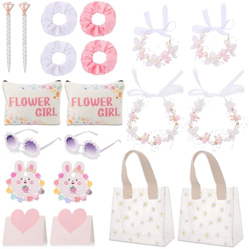 38Pcs Flower Girl Proposal Gift Set Including Flower Girl Bags Canvas Bag Glasses Headband Bracelet Diamond Pen Hair Accessories Scunchies Card For Wedding Engagement Bridal Shower Party