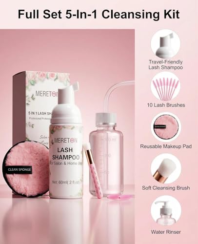 MERETON 5-in-1 Lash Shampoo Kit for Extensions with Brush & Rinse Bottle