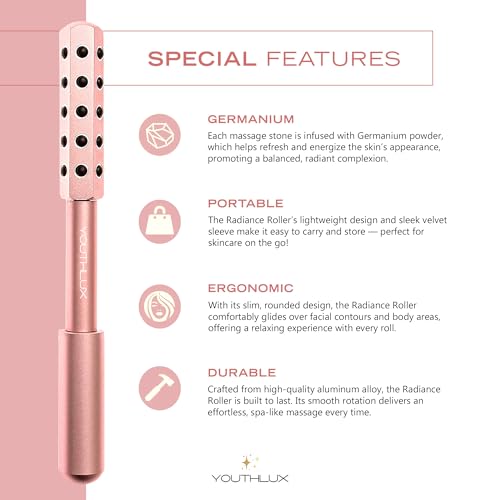 Radiance Roller - Germanium Stone Uplifting Face Beauty Massage Tool/Roller/Wand for Skin Tightening, De-Puffing, Sculpt/Lift, Anti-Aging | Uplift Face Roller, Facial Roller (Rose Gold)