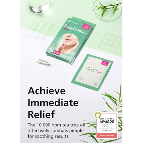 EasyDerm Relief Invisible Patch(42 counts) I Contains 10,000ppm of Tea Tree Oil, Pimple Patch, Ultra-slim 0.1mm, Waterpoof, Korean Pimple Patches Stocking Stuffer Holiday Gift MUST HAVE