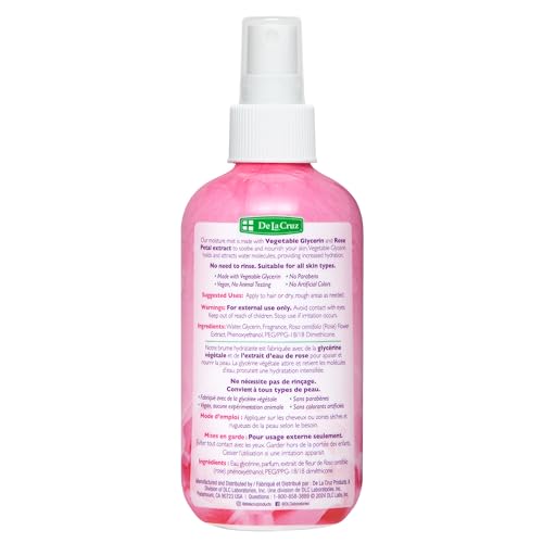 De La Cruz Rose Water and Glycerin Spray for Face - Rosewater Facial Toner and Moisturizer Mist for Skin and Hair 8 fl oz (236 mL)