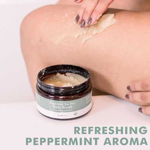 Peppermint Tea Tree Organic Body Scrub - USA Made Sugar Scrub with Natural Ingredients, Moisturizing Body & Foot Exfoliator for Dry and Sensitive Skin, Removes Dead Skin Cells & Reduces Ingrown Hair