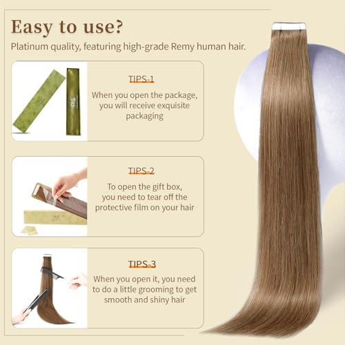 DNE Tape in Hair Extensions Real Human Hair 16inches 20Pcs/40g/Pack Seamless #M4/27Chocolate Brown to Honey Blonde Straight Invisible Double Sided Tape in Hair Extensions for Women/Girls