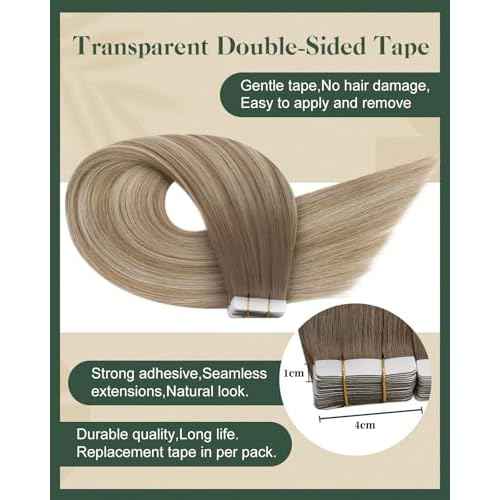 Ugeat Light Brown Tape in Hair Extensions Human Hair Blonde Ombre Tape in Human Hair Extensions Seamless Dark Ash Blonde Color No Damage to Natural Hair for Wedding 16Inch 20Pcs 50G