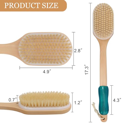 OWIIZI Back Scrubber for Shower Large Surface Body Scrub Brush Stiff Boar Bristles Wooden Curved Long Handle Antiskid Bath Brush for Wet or Dry Brushing