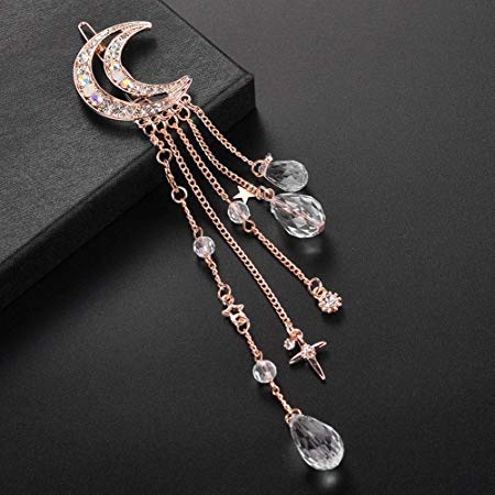 Romantic Crescent Moon Star Crystal Dangle Hairpin Rhinestone Beads Hair Clips Bridal Jewelry Tassel Drop Hair Pins Bobby Pins For Women Girls Hair Accessories (Rose Gold)