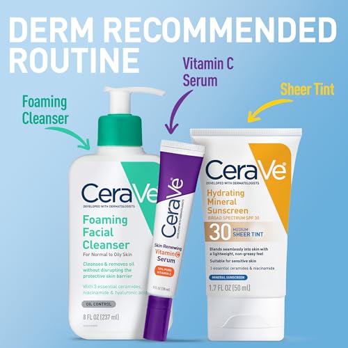 CeraVe Tinted Sunscreen for Face, Mineral SPF 30 Moisturizer, Deep,