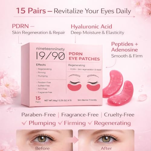 19/90 Revitalizing Hydrogel Under Eye Patches for Dark Circles & Puffiness - Salmon PDRN, Peptides & Hyaluronic Acid - Pink (15 Pair)