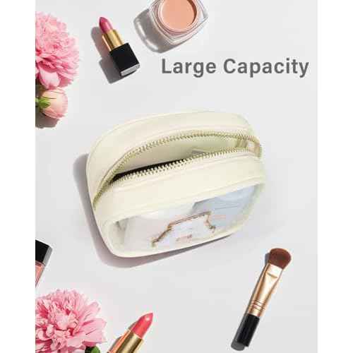 KOTORA Initial Make Up Bag Travel Toiletry Bag, Clear Makeup Bag Preppy Cosmetic Bags Organizer Easter Basket Essentials Pink Gifts for Women Girlfriend Teacher Mom Brithday Small Makeup Bag Beige A