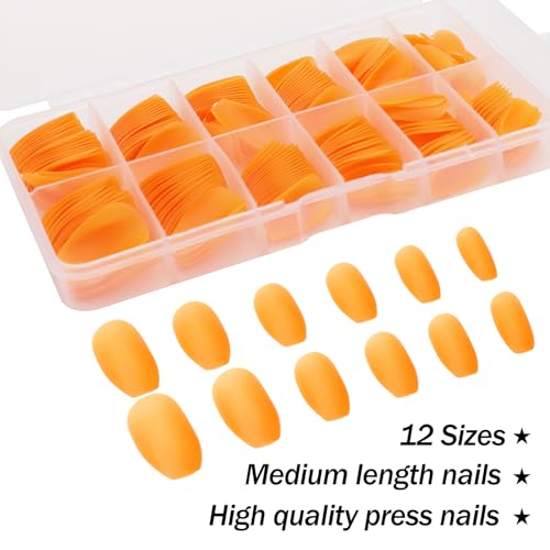 240 Pcs Yellow Press on Nails Glow in The Dark Medium Coffin Glue on Nails Set Solid Color Matte Acrylic False Nails with Fluorescent Designs Reusable Gloss Stick on Nails for Women Nail Accessories