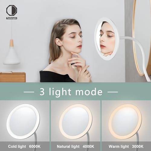 10X Magnifying Clip on Makeup Mirror Gooseneck, 6.5" Vanity Mirror with Light, 2000mAh USB Recharge 360¡Æ Rotating,Clip On Gooseneck Magnifying Vanity Mirror with Light,Travel Makeup Mirror (White 10X)