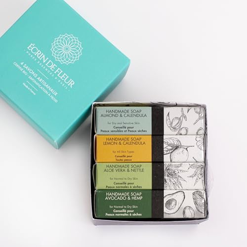 Hand crafted Organic Soap 4-pack (Aloe Vera & Nettle 3.2 oz, Avocado & Hemp 3.2 oz, Almond & Calendula 3.2 oz, Lemon & Calendula Flowers3.2 oz)