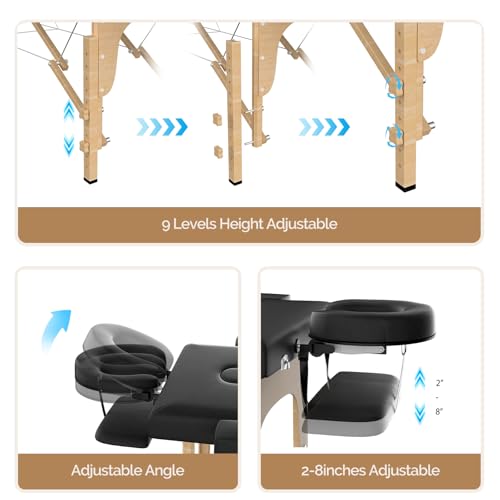 OmySalon Portable Massage Table 84x24 Black, 2-Fold, Adjustable Height & Carrying Bag