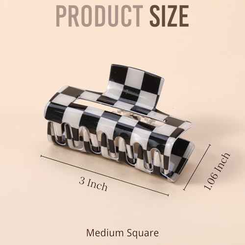 LuSeren 4 Pack 3 Inch colorful Hair Claw Clips for Women, Medium Rectangle Acetate Jaw Clips in Black, Pink,Green, Blue, Stylish Checkered Hair Accessories for Girls