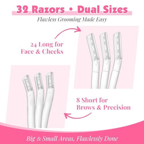 32-Pack Face Razors for Women ? Dermaplane & Eyebrow Razor Set, 24 Long + 8 Short Precision Blades for Peach Fuzz Removal, Gentle Exfoliation, Ideal for Stocking Stuffers (Clear)