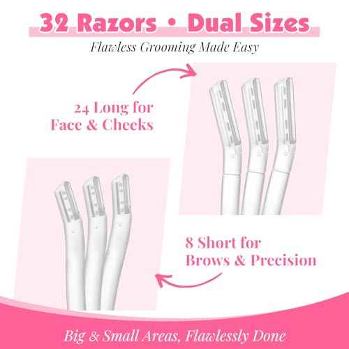 32 Count Face Razors for Women ? Dermaplane Razors & Eyebrow Razor Set, 24 Long + 8 Short Precision Blades, Facial Razor for Peach Fuzz, Hair Removal & Gentle Exfoliation (Clear)