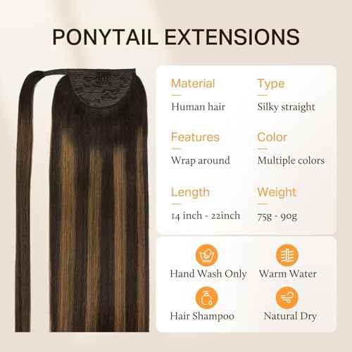 DOORES Human Hair Ponytail Extension Balayage Dark Brown to Chestnut Brown 14 Inch 75g Clip in Hair Extensions Real Human Hair Ponytail Hair Piece Straight Invisible Magic Paste Heat Resistant