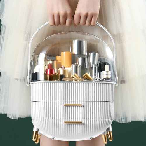 CANITORON Makeup Organizer,Skincare Organizer with 2 Drawers and Transparent Cover,Cosmetic Display Case for Vanity Organizer and Bathroom Countertop Storage.(White)