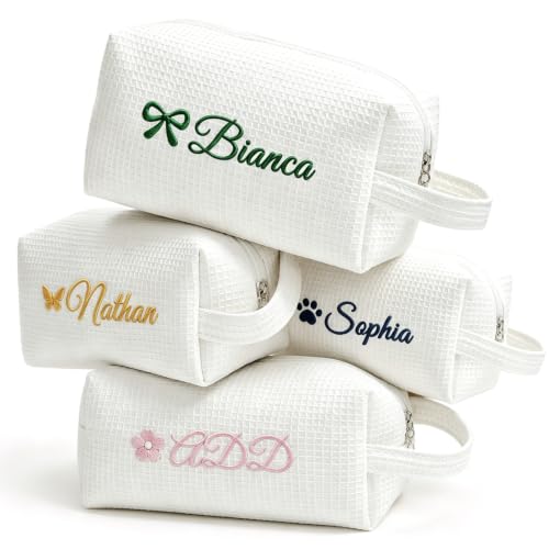 Personalized Embroidered Makeup Bag - Customizable Waffle Cosmetic Bag
