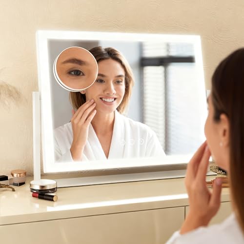 HNV Hollywood Vanity Mirror with Lights, 16.3"x12.6" Lighted Makeup Mirror with 10X Magnification, 3 Color LED, Smart Touch & 360¡Æ Rotation, Tabletop (White)
