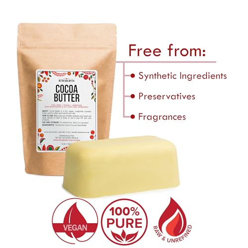 Better Shea Butter Raw Cocoa Butter - Unrefined, 100% Pure, Food Grade - Use for Cocoa Lip Balm, Stretch Marks Cream, Cacao Butter Cream, Scars Oil, Whipped Lotion - Skin & Hair Moisturizer 1LB Block