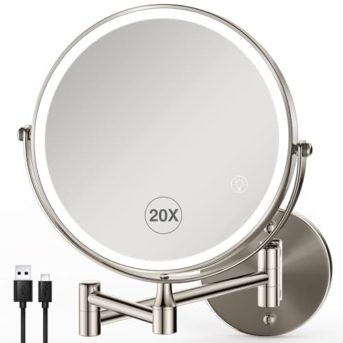 Magnifying Mirror with Lights 1X/20X: 8.5" Double Sided 3000mAh Rechargeable Wall Mounted Lighted Makeup Mirror for Bathroom, Brushed Nickel