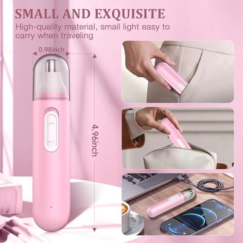 Nose Hair Trimmer for Women Rechargeable: 2024 Painless Rechargeable Nose Hair Trimmer IPX7 Waterproof, Dual Edge Blades Eyebrow & Facial Trimmer for Women for Easy Cleansing, Pink