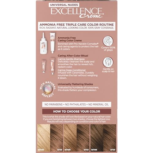 L’Oréal Paris Excellence Universal Nudes Permanent Hair Color, Ammonia Free Hair Dye for Gray Hair Coverage, 7N Natural Dark Blonde, 1 Hair Dye Kit