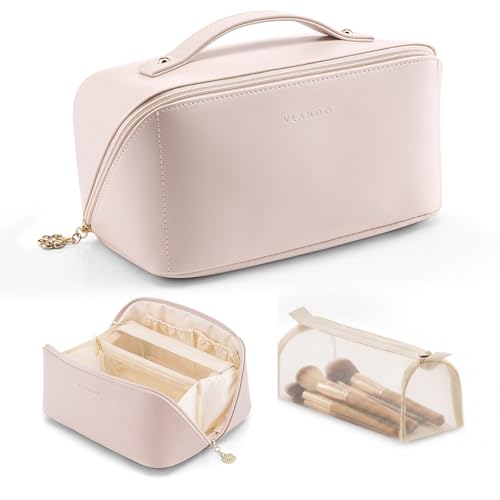 VLANDO Apricot Pink Cosmetic Bag with 180° Opening & Carry Handle