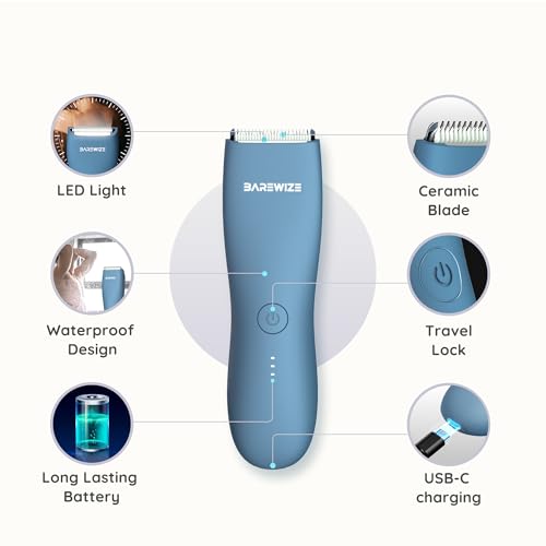 Body Hair & Pubic Hair Trimmer for Men & Women, Painless Electric Body & Bikini Shaver | Waterproof, Type-C Rechargeable, LED Light, Replaceable Blade, Manscape Personal Groomer (Denim Blue)