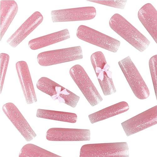 Pink White Long Square Press on Nails French Tip Fake Nails 5D Star Bow Pearl False Nails with Designs Cute Acrylic Nails Full Cover Glossy Glue on Nails Artificial Nails for Women Girls 24Pcs