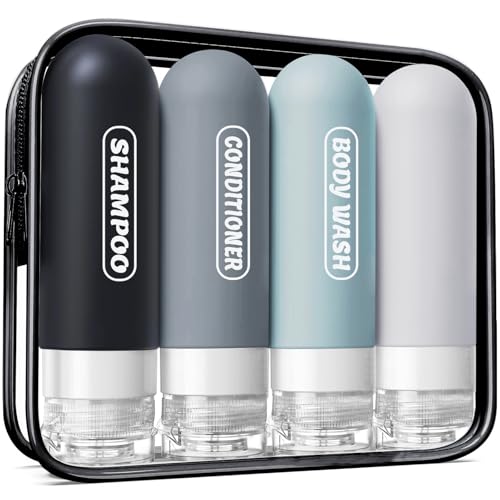 TSA Approved Travel Bottles 3oz | Leak Proof Silicone, Pre-printed Labels, 4 Pack