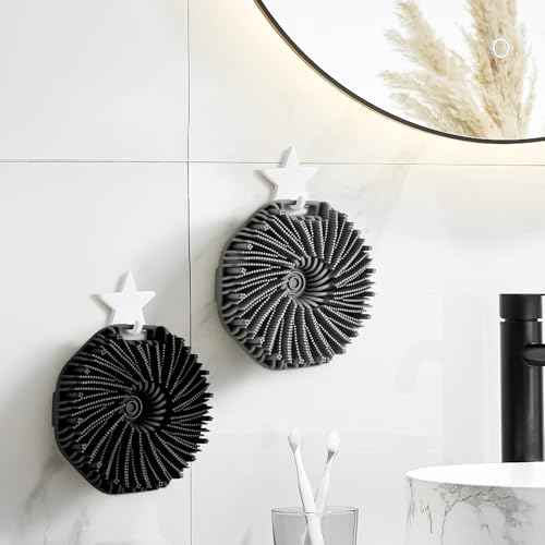 Silicone Body Scrubber, 2 PCS Exfoliating Body Scrubber, Silicone Loofah Bath Brush with Hand Strap, No-Slip Handheld Body Wash Brush Body Scrubbers Shower Cleaning for All Skin Types (Black & Grey)
