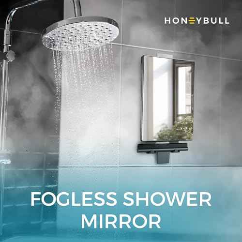 HONEYBULL Fogless Shower Mirror for Shaving ? Anti Fog Mirror for Shower with Water Tank, Adhesive Hook Mount, Bonus Razor Holder & Squeegee ? for Men and Women, Small Bathroom Accessory (Black)