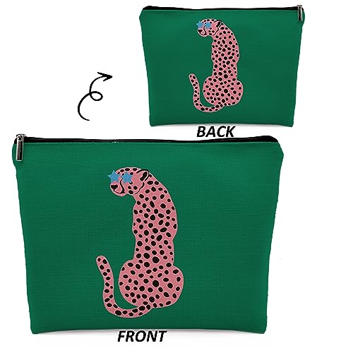 Preppy Leopard Print Cosmetic Bag, Wildlife Animal Asian Pink Cheetah Makeup Bag Zipper Cosmetic Pouch Bag Travel Linen Makeup Organizer, Trendy Gifts for Women Teen Teenager Girls Her Teens