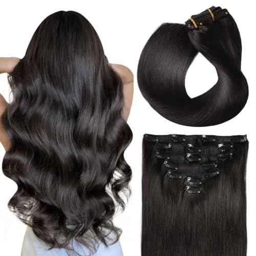 SUYYA 16 Inch 120g 7pcs Clip in Hair Extensions, Straight Double Weft Natural Black (16 inches #1B Off Black)