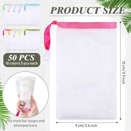 Sunnyray 50 Pcs 10 Colors Mesh Soap Bags Handmade Soap Bubble Bags with Drawstring Exfoliating Mesh Pouch for Foaming and Drying for Shower Body Facial Cleaning Tool