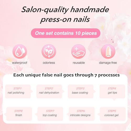 LARSOOY Nails Handmade Press on Nails Long Coffin | Handmade nails with flowers | Reusable hand painted Nails with Design | False Nails 10 Pcs (Rosa Multiflora, S)