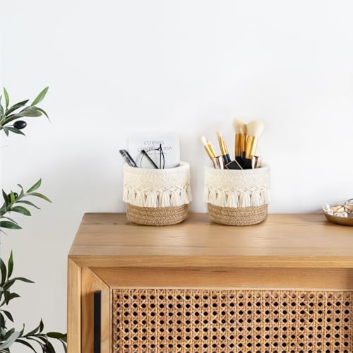Mkono Macrame Makeup Brush Holder, Set of 2 - 3.9" Mini Boho Baskets