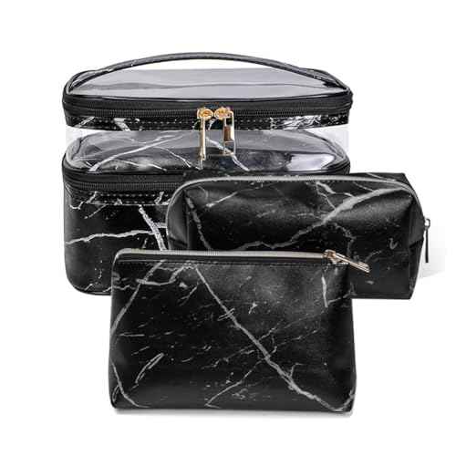 FITINI 3 Pieces Makeup Bags Double Layer Travel Large Cosmetic Cases Organizer Toiletry Bags Waterproof Small Zipper Pouch for Women Makeup Brush Storage Bag,Black Marble