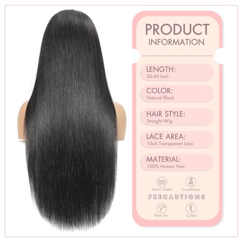 Vorynix 32 Inch Natural Black Human Hair Lace Front Wig 13x6 HD Transparent, Pre-Plucked, 200% Density, Glueless, Straight Style