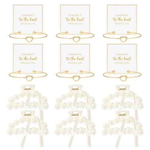 DEEKA 12 Pcs Bridesmaid Proposal Gifts, Pearl Hair Claw Clips & Bridesmaid Knot Bracelet Bachelorette Party Wedding Favors Bridal Party Present Hair Accessories for Women(Gold Bracelets)