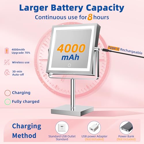 Ruacq Makeup Mirror with Lights, 4000mAh Rechargeable Magnifying Mirror with Light, 1X/10X, Height Adjustable Bathroom Vanity Mirror, 3 Colors, Adjustable Brightness (Chrome)